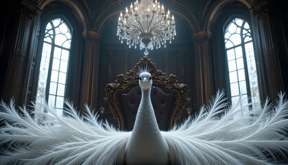 Portrait of White Peacock with its beautiful Feather Sitting in a Vintage Castle