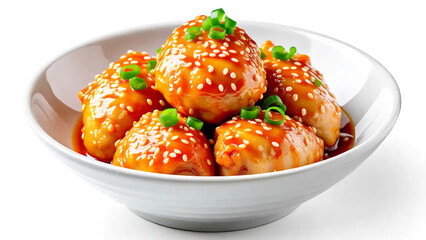 Saftige orange glasierte H&uuml;hnerst&uuml;cke mit Sesamsamen und gr&uuml;nen Zwiebeln werden in einer wei&szlig;en Sch&uuml;ssel serviert.