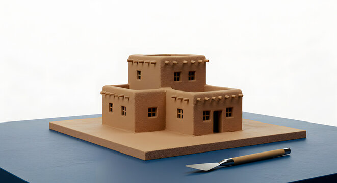 Miniature model of a traditional Arabic house with a clay sculpting tool on a blue surface