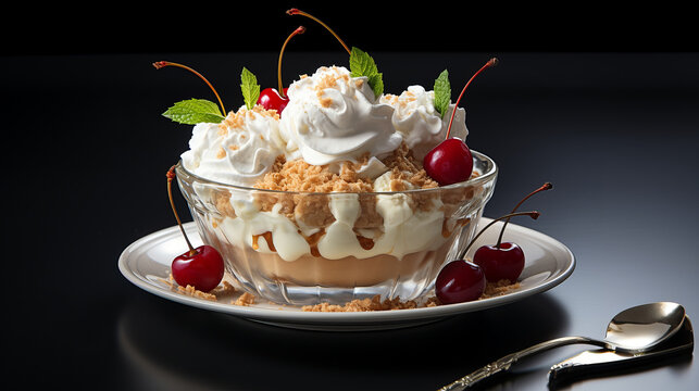 A glass bowl filled with vanilla ice cream, whipped cream, cherries, caramel, and crunchy crumbs creates a rich, festive, and inviting dessert scene.