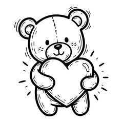 Cute teddy bear holding a big heart funny cartoon animal character hand drawn vector illustration for Valentines Day or coloring book