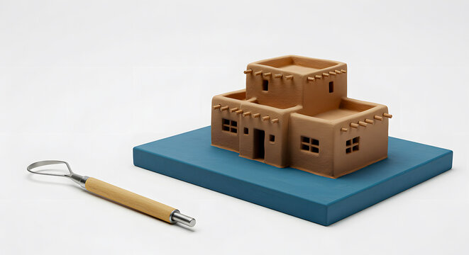 Adobe House Sculpture with Modeling Tool on Blue Base
