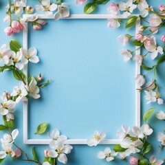 Flower Border Design With White Blossoms on a Light Blue Background During Springtime