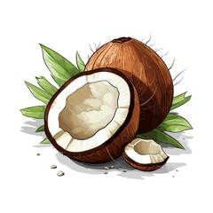 Vibrant illustration showcasing a whole and a halved fresh coconut, revealing the white flesh, accompanied by lush green leaves, perfect for tropical food and healthy lifestyle concepts
