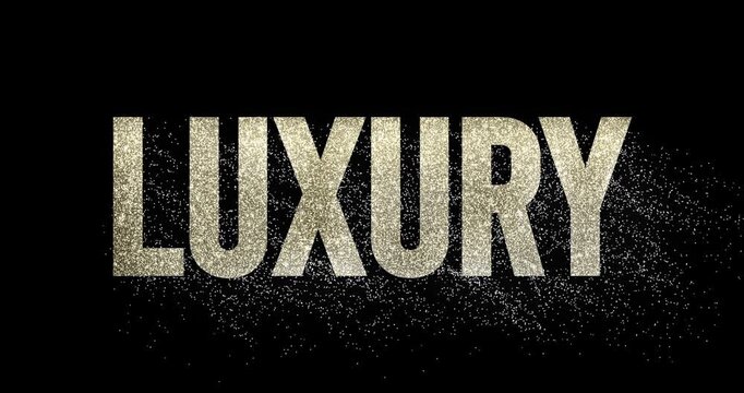 Gold word luxury, glittering particles falling, deluxe or first-class brands, elite and premium products, footage
