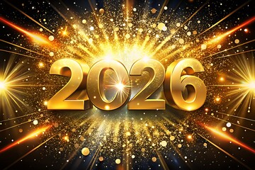 Golden 2026 new year celebration with explosive fireworks and sparkles