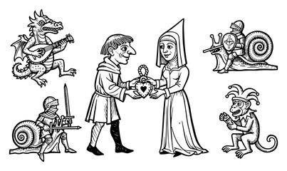 Medieval woodcut style set with knight fighting snail dragon playing lute and romantic couple © Katarzyna