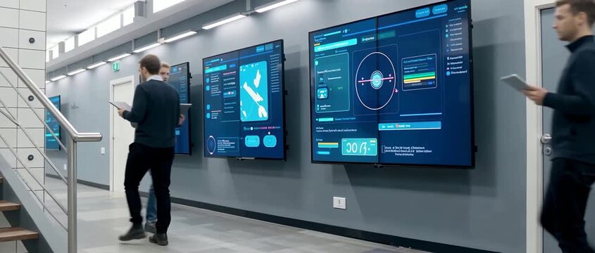 Team of IT specialists walking through a modern data center hallway with large interactive screens displaying analytics.