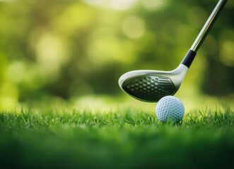 Golf Club Striking Ball on Lush Green Grass During a Sunny Afternoon at the Golf Course