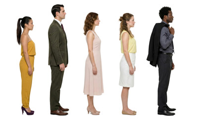 Diverse individuals standing in a line profile view, showing various attire options and stylistic