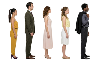 Diverse individuals standing in a line profile view, showing various attire options and stylistic