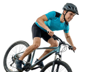 Naklejka premium Intense cyclist navigating challenging terrain with focus and determination isolated transparent