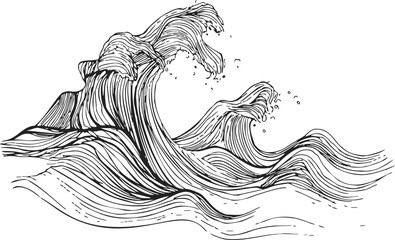 Obraz premium Ocean wave sketch, hand drawn line art with dynamic curling water and foam. Vector illustration