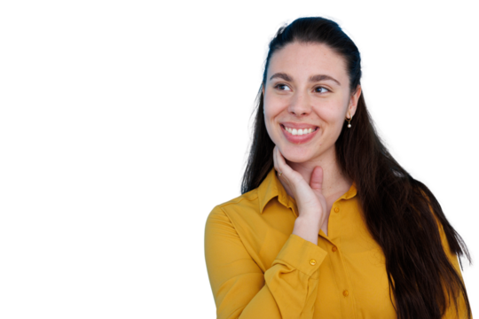Young smiling woman with transparent background, looking away with cheerful expression, hand touching neck