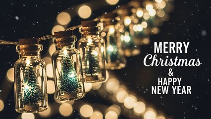 Festive Christmas Lights in Small Glass Jars with Bokeh Background.