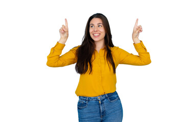 Young woman smiling and pointing up with both hands, presenting an idea or announcement on transparent background
