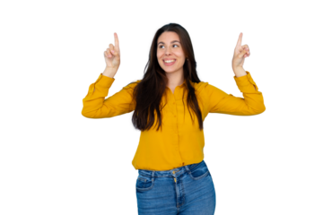 Young woman smiling and pointing up with both hands, presenting an idea or announcement on transparent background
