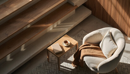 High angle view of modern living area with white boucle armchair, knitted blanket and wooden stairs next to small table with book.