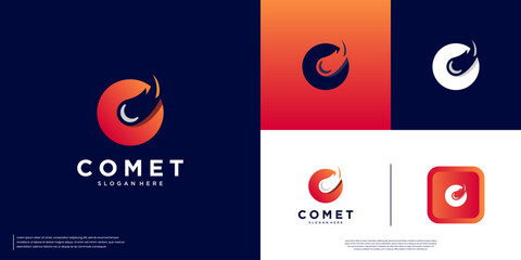 A simple comet logo with the concept of education and research, outer space objects, graphic design illustration. © dhulpikir