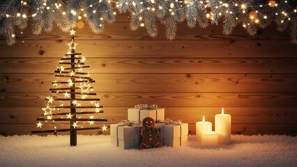 Cozy Christmas Scene with Gifts and Candles on Snowy Surface.