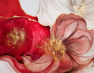 lotus marble texture with abstract red white glitter and gold background alcohol ink colors