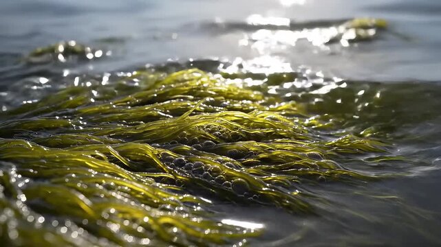Closeup of vibrant green seaweed swaying gently in clear ocean water under sunlight.
