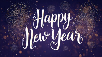 Happy new year text with sparkling fireworks on a festive dark background