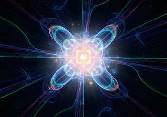Abstract ai core with glowing center and radiating energy lines in a dark cosmic background art