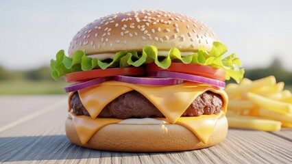 Delicious cheeseburger with melted cheese, fresh lettuce, tomato, and onion served outdoors with fries
