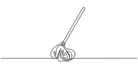 Continuous one line drawing of mop and bucket. Cleaning concept. Simple vector illustration, Single line draw design vector graphic illustration. Cleaning tools one line colored continuous drawing.