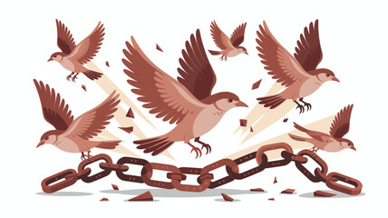 Birds Breaking Free: Symbol of Freedom and Liberation from Chains, a Conceptual Illustration for Hope and Independence on White Background