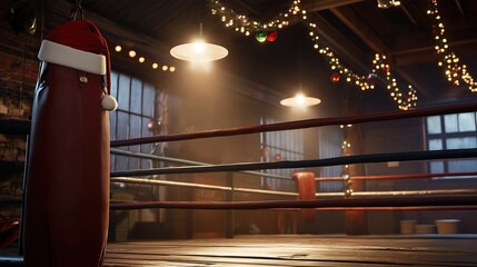 A boxing gym during Christmas, decorated with tinsel and string lights