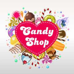 Advertising banner with text in a decorative heart and sweet desserts.Color vector illustration of an advertising banner with sweet desserts, perfect for a pastry shop or candy store.