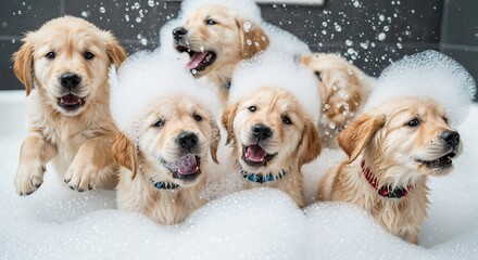 Adorable golden retriever puppies having a fun bubble bath together. A group of cute dogs covered in soap suds during grooming