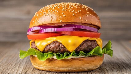 Delicious gourmet cheeseburger with sesame seed bun, fresh lettuce, tomato, and onion on wood
