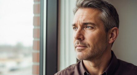 A thoughtful middle-aged man looking out a window. Pensive businessman contemplating the future and economic challenges