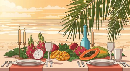 A vibrant tropical holiday table set on a pristine sandy beach. Romantic dinner for two with exotic fruits at sunset. Vector illustration of a summer vacation getaway