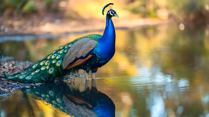 A Beautiful wildlife peacock, in the water of a lake