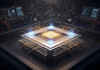 Detailed view of a quantum computer chip with glowing elements and floating particles around it