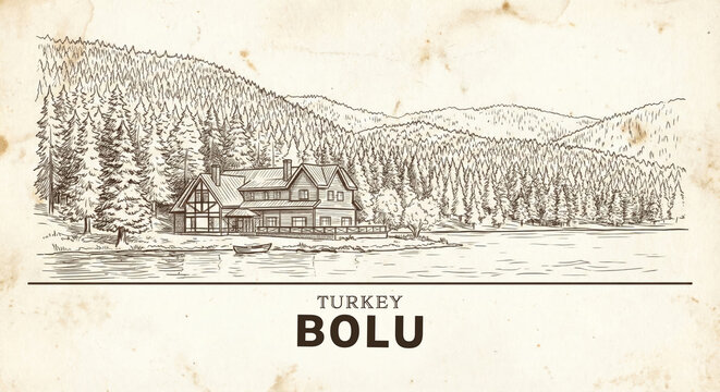 Bolu City Skyline Vintage Line Art Sketch - Lake Abant Nature Illustration