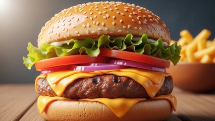 Delicious cheeseburger with fresh lettuce, tomato, and onion served on a wooden table with fries
