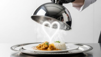 Chef unveils gourmet curry and rice dish under silver cloche with glowing heart steam effect