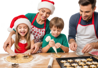 Joyful family baking christmas cookies together creating festive holiday memories transparent background