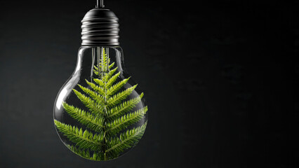A light bulb filled with a lush green fern, symbolizing eco-friendly energy and sustainable innovation against a dark background.