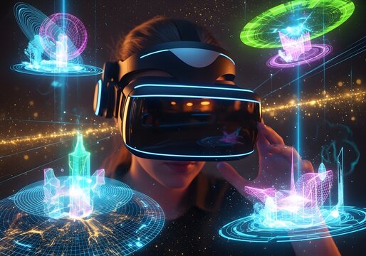 A woman wearing vr headset interacting with holographic objects in a futuristic digital environment scene