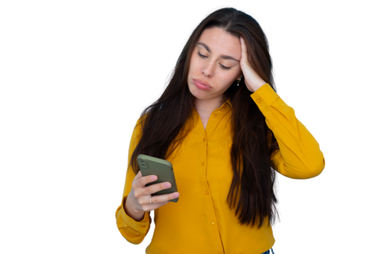 Woman experiencing headache and stress while receiving bad news on mobile phone, feeling frustrated and upset
