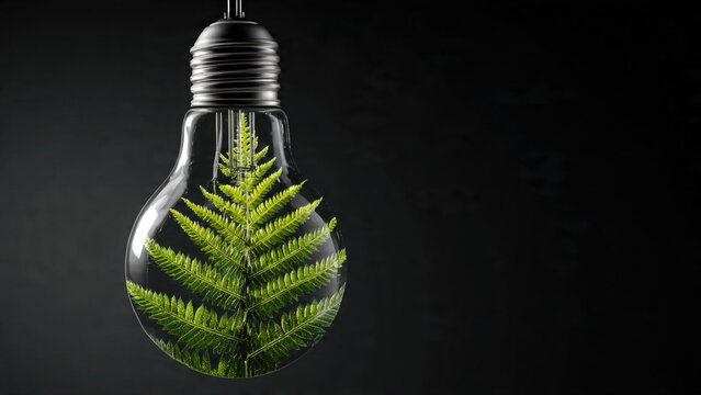 A light bulb filled with a lush green fern, symbolizing eco-friendly energy and sustainable innovation against a dark background.