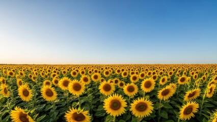 Fototapeta premium Panoramic view of a vast sunflower field under a clear blue sky, illustrating agriculture, nature, and the beauty of summer for peaceful background.