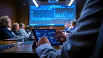Business meeting conference room digital tablet data dashboard analytics strategy presentation corporate team technology driven focus blue screen - Powered by Adobe