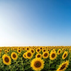 Fototapeta premium Vast field of bright yellow sunflower under clear blue sky. Farming landscape with blooming flowers for agriculture and natural beauty.